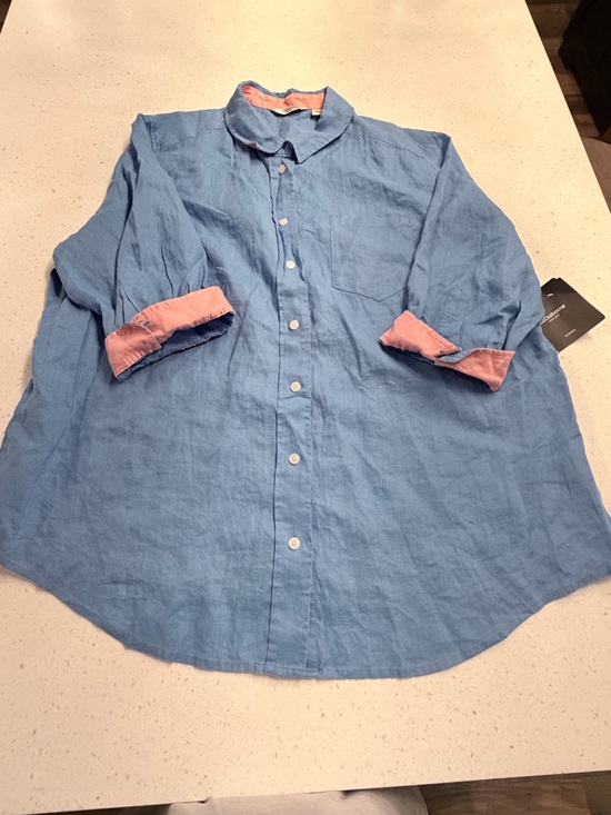 Liz Claiborne Top XXL 2XL Blue Shirt Buttons Long Rollup Pink Sleeves Linen - Picture 2 of 4